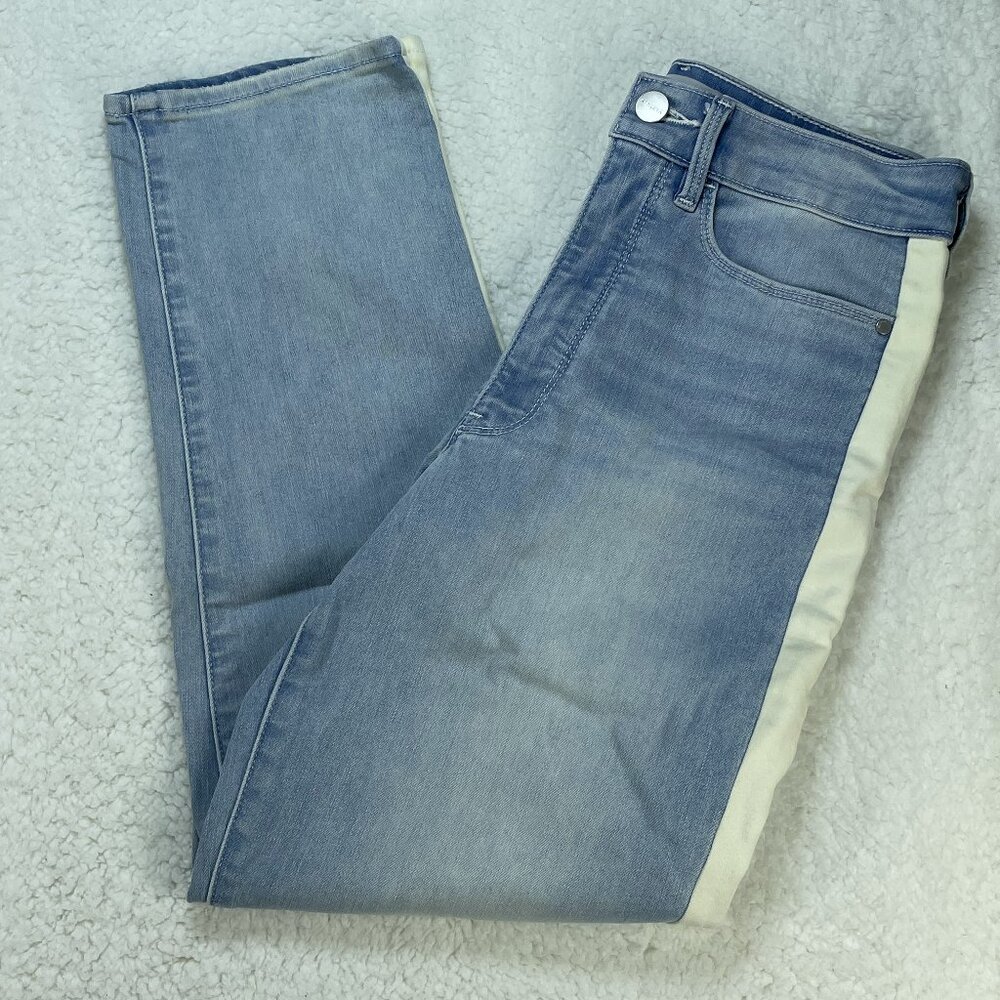 Athleta Jeans Womens Sz 4 Light Blue Beige Straight Leg Stretch Leg Stripe 26x25